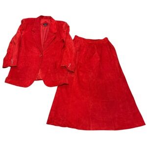 VTG 90s Blazer Skirt Red Suede Leather Skirt Two Piece Suit Set Women-M-5154